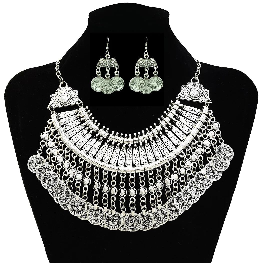 Vintage Silvery Coin Choker Necklace Earrings Gypsy Ethnic Tribal Turkish Afghan India Pakistan Collar Statement Jewelry Sets