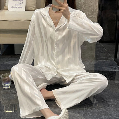 Women's Pajama Set Summer Striped Long Sleeve Top Trousers Silk Satin Home Suit Spring Autumn Loose Casual Sleepwear Nightwear