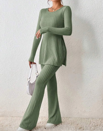 Autumn Winter Women's Clothing New Style Solid Color Sexy Casual Long Sleeved Round Neck Slit Fashion Temperament Two-piece Set