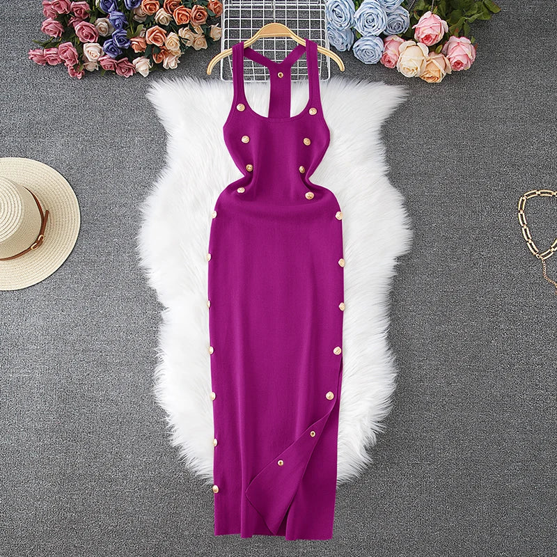 Summer Sexy Halter Sleeveless Buttoned Maxi Bodycon Dress