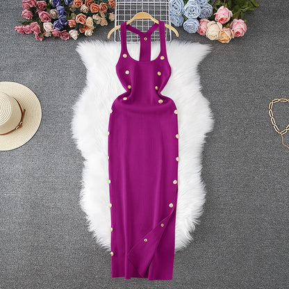 Summer Sexy Halter Sleeveless Buttoned Maxi Bodycon Dress