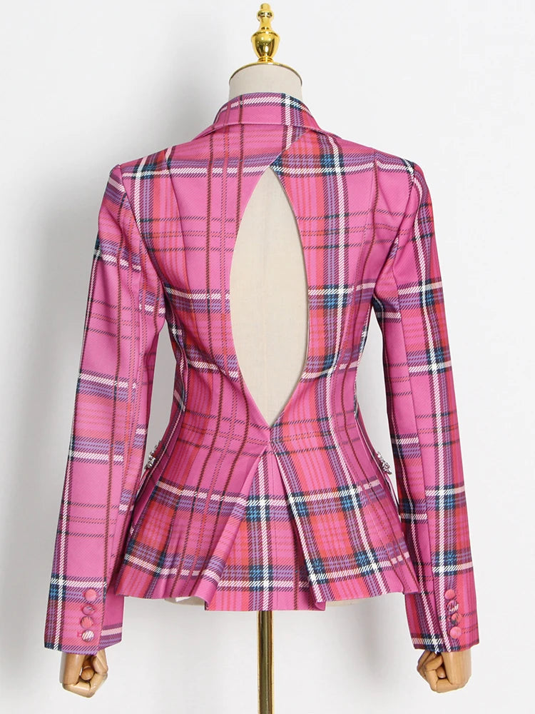 Rose Plaid Blazers For Women Slim Cut Out Back Lapel Long Sleeve Color block Coats