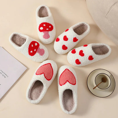 House Slippers for Women, Cute Big Small Heart, Fluffy Cozy Home Comfy Shoes for Ladies, Indoor Slippers for Winter, Mushroom