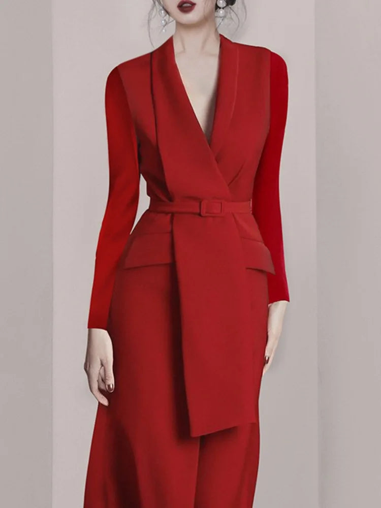 Red Women's Dress Temperament Office Lady Lapel Long Sleeve Belt Waist Cinched OL Dresses For Female 2025 Spring New 3C3169