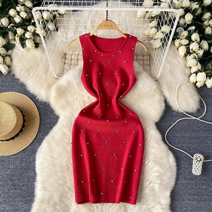 YuooMuoo Hotsweet Beading Knitted Mini Dress Women Sleeveless Slim Bodycon Summer Dress Streetwear Lady Outfits Tank Dress