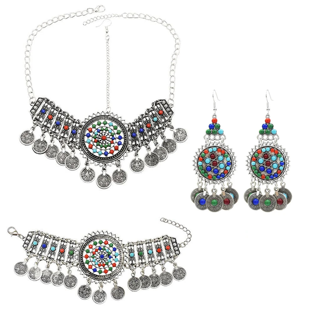 Traditional Gypsy Afghan Boho Ethnic Coins Jewelry Sets Colorful Acrylic Rhinestone Earrings Bracelet Hair Accessories for Women