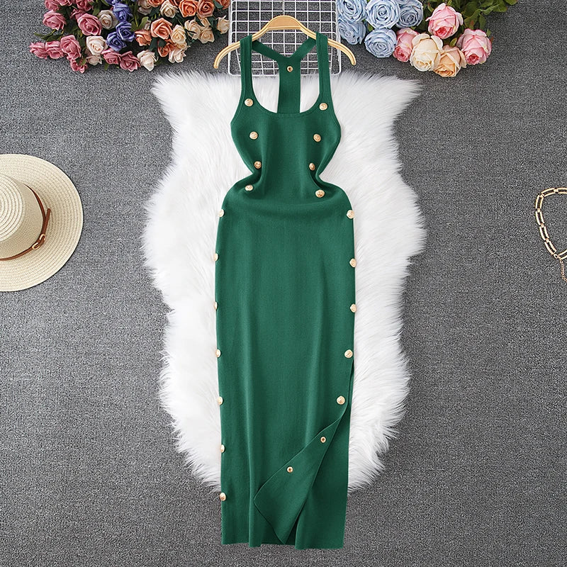 Summer Sexy Halter Sleeveless Buttoned Maxi Bodycon Dress