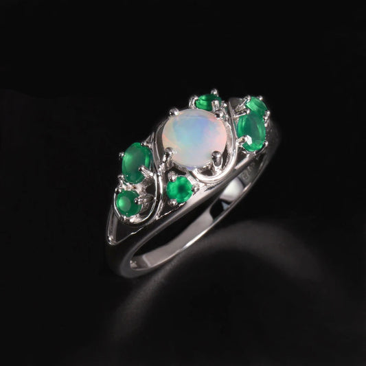 Gorgeously design green agate with Opal Natural gemstone Rings 925 silver fine jewelry for women's anniversary & banquet gifts