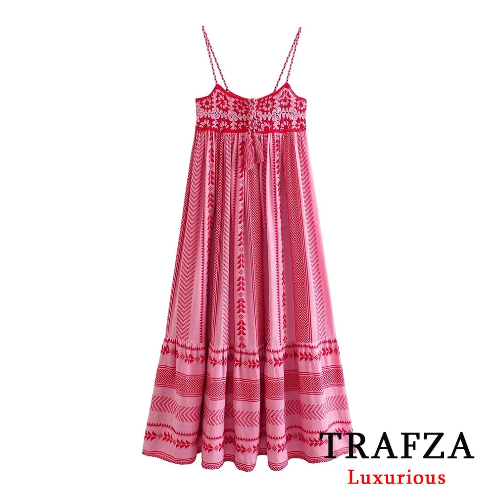 TRAFZA Vintage Embroidery Boho Long Dress Women Bow Tie Ruffles Luxurious Cotton Dress Fashion 2024 Summer Knit Patchwork Dress