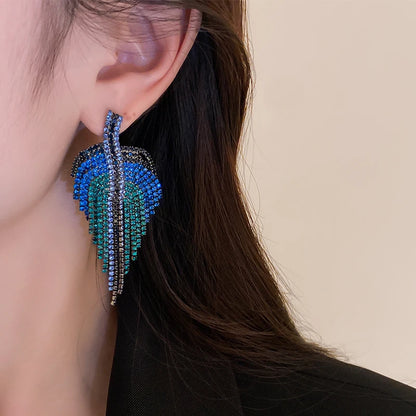 Full Rhinestone Long Tassel Earrings Women Blue Color Fashion Geometric Drop Earring