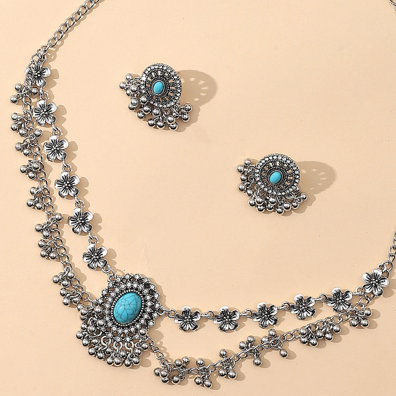 Boho Vintage Oval Turquoises Necklace Earring Jewelry Set for Women Silver Plated Geometric Tassel Blue Stone Women Sets