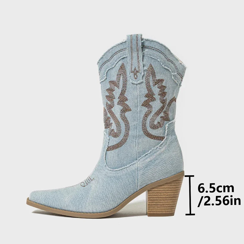 Winter Street Style DENIM Pointed Toe ANKLE Boots Women Design Embroidery Western Square High Heels Shoes Zapatos Mujer