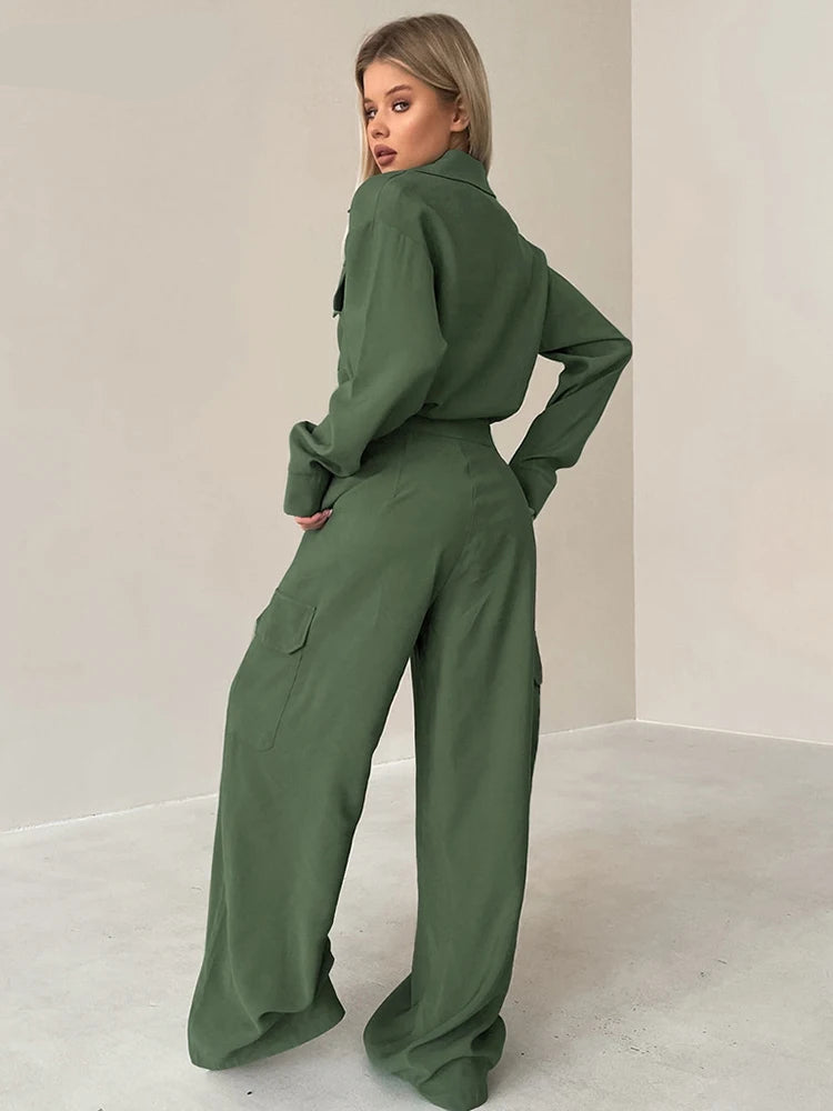 Khaki Long Jumpsuits Women 2025 Streetwear Long Sleeve Single Breasted Overalls Casual Green Loose Pants Jumpsuits