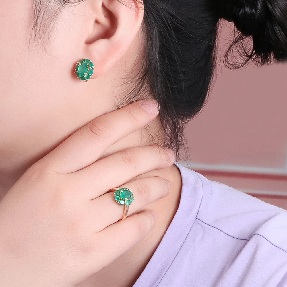 Summer natural green agate ring Earrings Jewelry Set women's 925 sterling silver fine jewelry gift