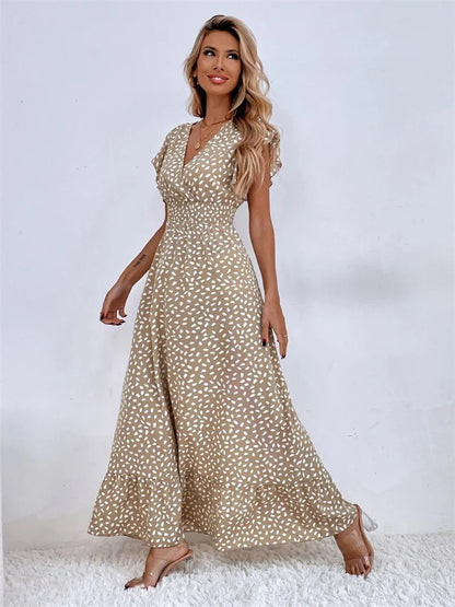 Eyellcart V-neck Lotus Leaf Edge Elegant Dress Women Spring Summer Printed Long Dress