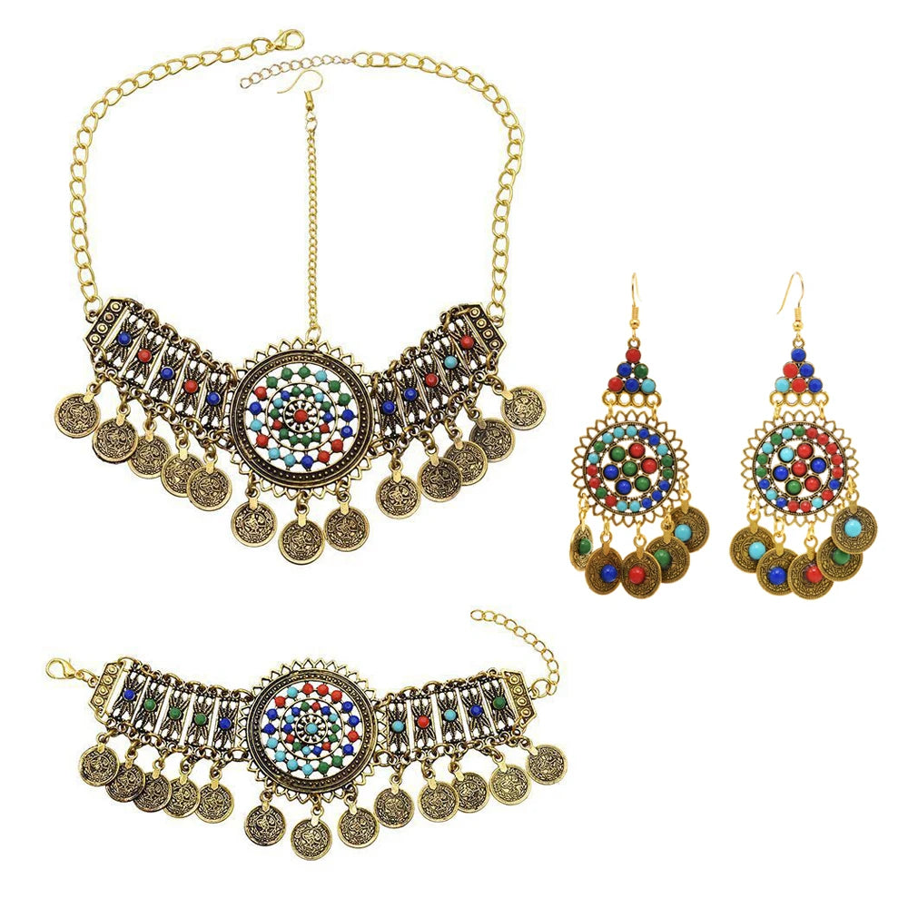 Traditional Gypsy Afghan Boho Ethnic Coins Jewelry Sets Colorful Acrylic Rhinestone Earrings Bracelet Hair Accessories for Women