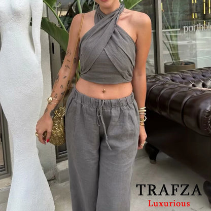 TRAFZA Streetwear Khaki Suits Women Sleeveless Halter Sexy Crop Tops Women+High Waist Wide Leg Pants Fashion 2025 Sets