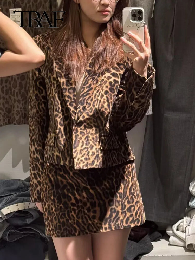 TRAF Fashion Long Sleeve Blazers Top Women 2 Pieces Leopard Printed Mini Skirt Sets Women's Suit Two Piece Set Women Outfit