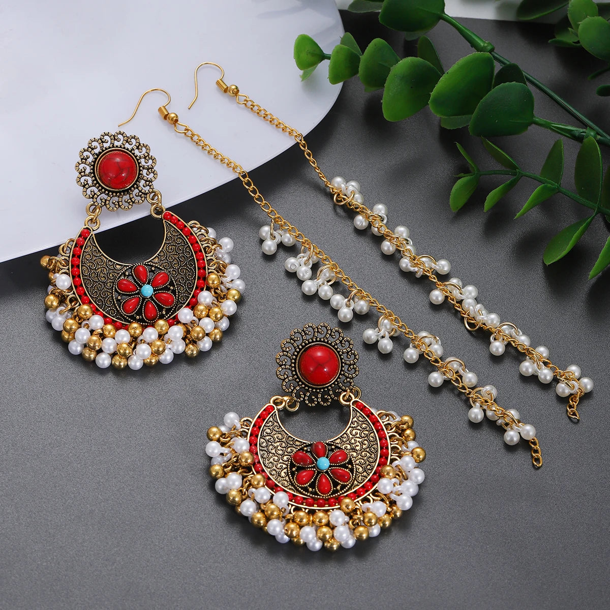 Boho Turquoises Flower Round Earring for Women Girl Retro Gold Color Beads Pearl Tassel Earrings Pendientes Female Boho Jewelry