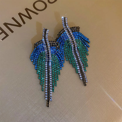 Full Rhinestone Long Tassel Earrings Women Blue Color Fashion Geometric Drop Earring