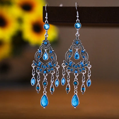 Vintage Ethnic Style Rhinestone Flower Shaped Water Drop Earrings for Women Elegant Long Texture Dangle Earring Female Jewelry