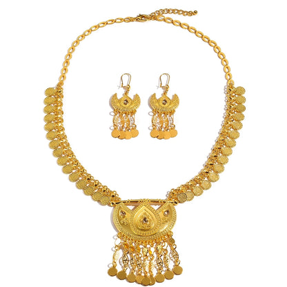 Women Arab Ethnic Golden Coins Crystal Moon Shape Necklace Earrings  Wedding Jewelry Set