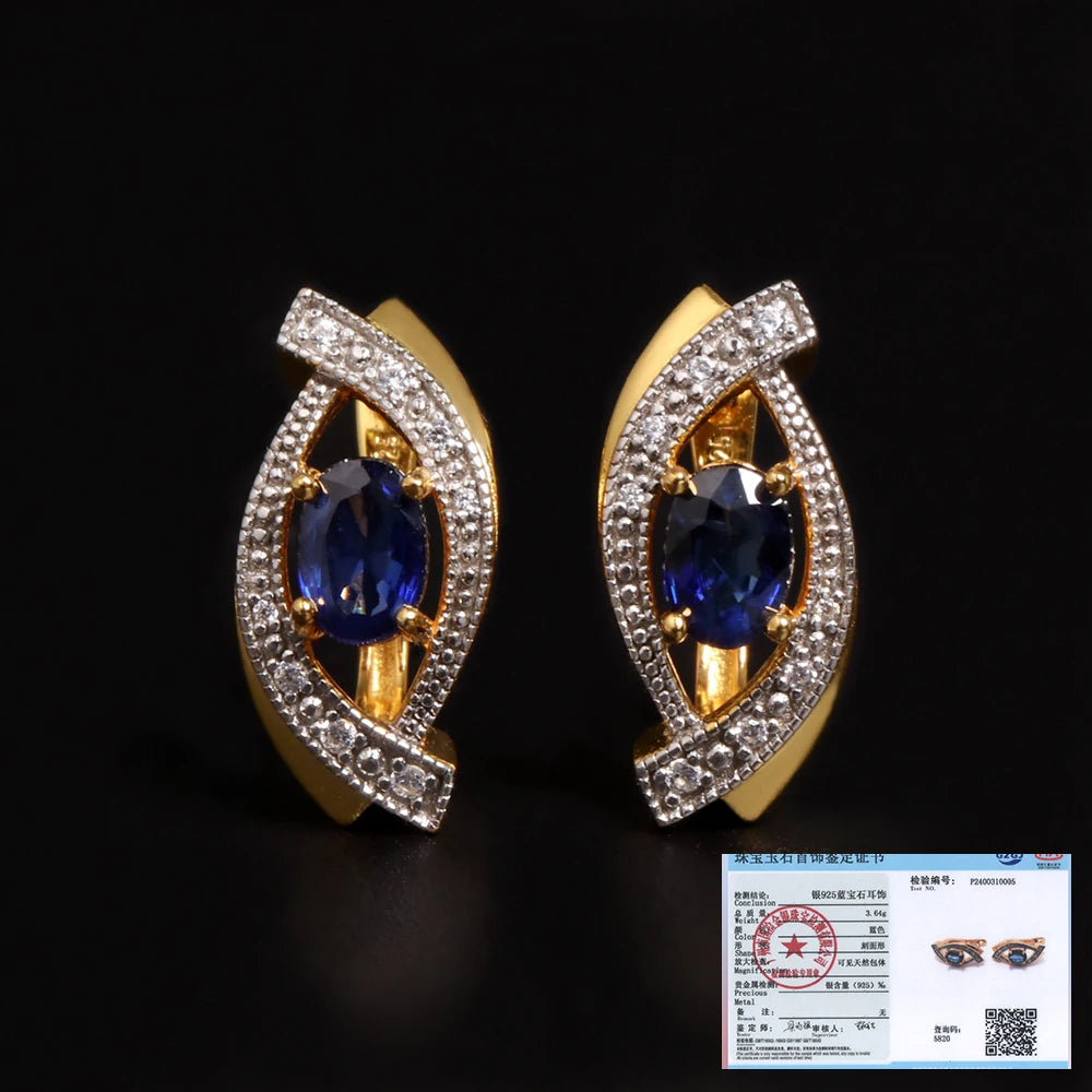 Precious Light Blue Luxury Natural Diffusion Sapphire 18K yellow Silver earrings