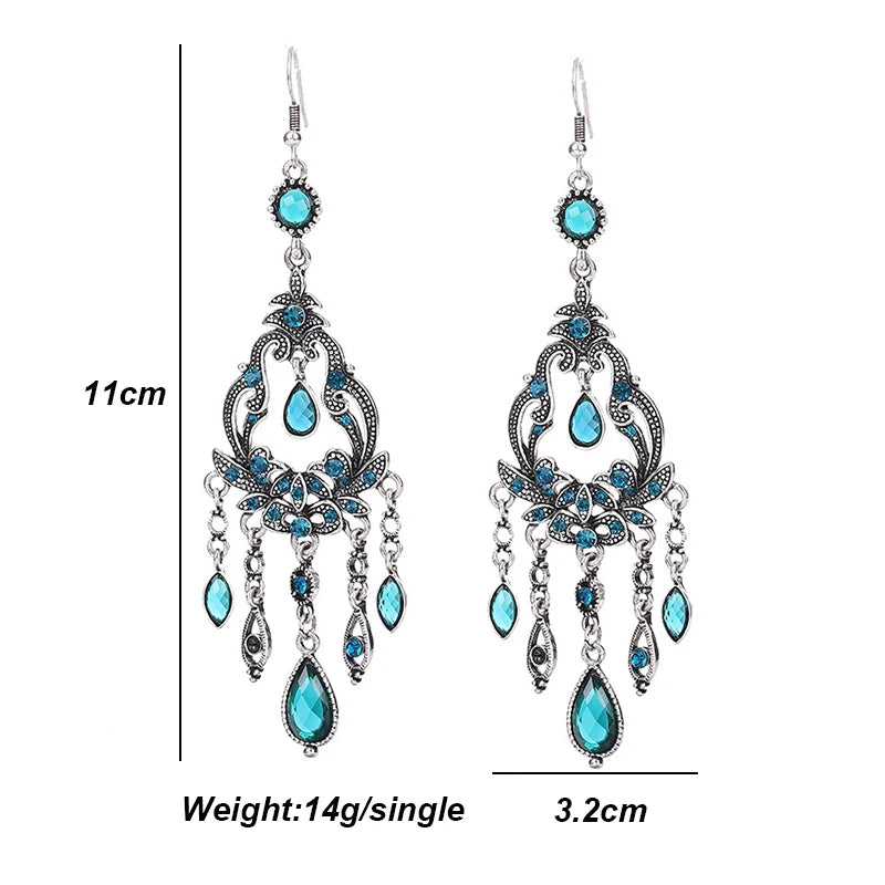 Vintage Ethnic Style Rhinestone Flower Shaped Water Drop Earrings for Women Elegant Long Texture Dangle Earring Female Jewelry