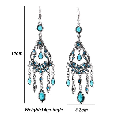 Vintage Ethnic Style Rhinestone Flower Shaped Water Drop Earrings for Women Elegant Long Texture Dangle Earring Female Jewelry