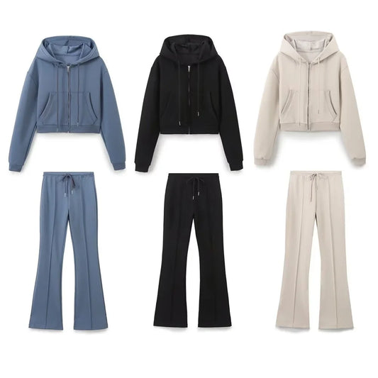 Autumn new women's fashionable casual zipper decoration hooded long sleeved sweatshirt jacket trumpet pants set