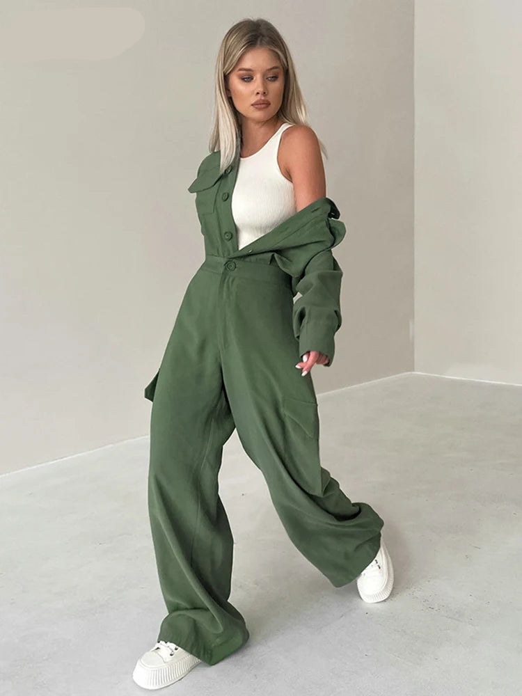 Khaki Long Jumpsuits Women 2025 Streetwear Long Sleeve Single Breasted Overalls Casual Green Loose Pants Jumpsuits