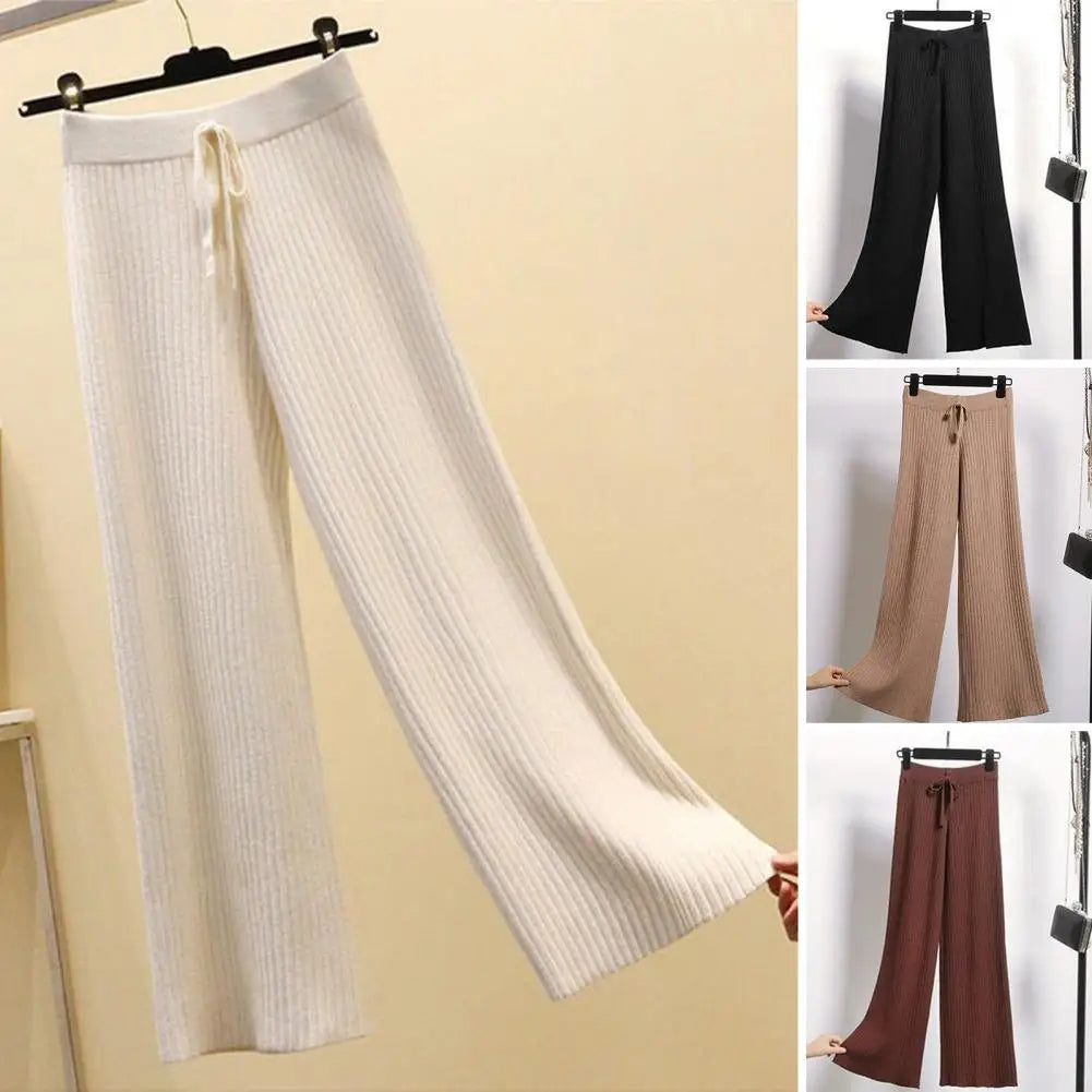 Women Wide-leg Knit Trousers Stylish Women's High Waist Drape Pants with Drawstring Ribbed Straight Wide Leg Design Solid Color