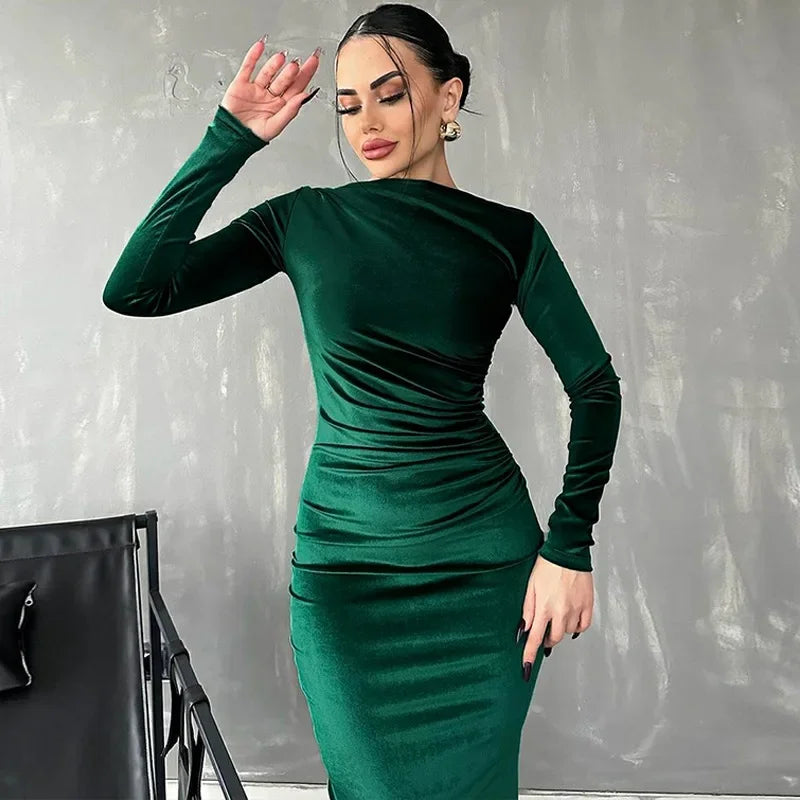 2025 Spring Solid Velvet Long Sleeve Midi Dress For Women Summer Ruched Long Dress Elegant Party Clothes Evening Green Outfits