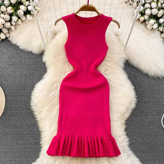 YuooMuoo Chic Fashion Sexy Package Hipps Knitted Mini Dress Women Summer Elegant Ruffled Bodycon Dress Lady Streetwear Outfits