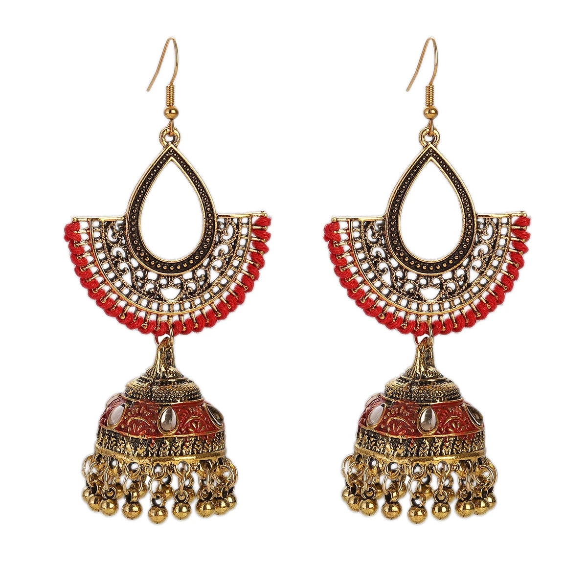 New Fashion Red Rope Water Drop Hollow Earrings Women's Ethnic Gold Plated Bell Tassel Crystal Earrings Gypsy Afghan Jewelry