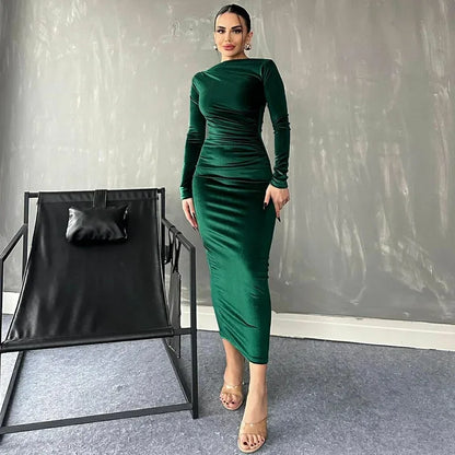 2025 Spring Solid Velvet Long Sleeve Midi Dress For Women Summer Ruched Long Dress Elegant Party Clothes Evening Green Outfits