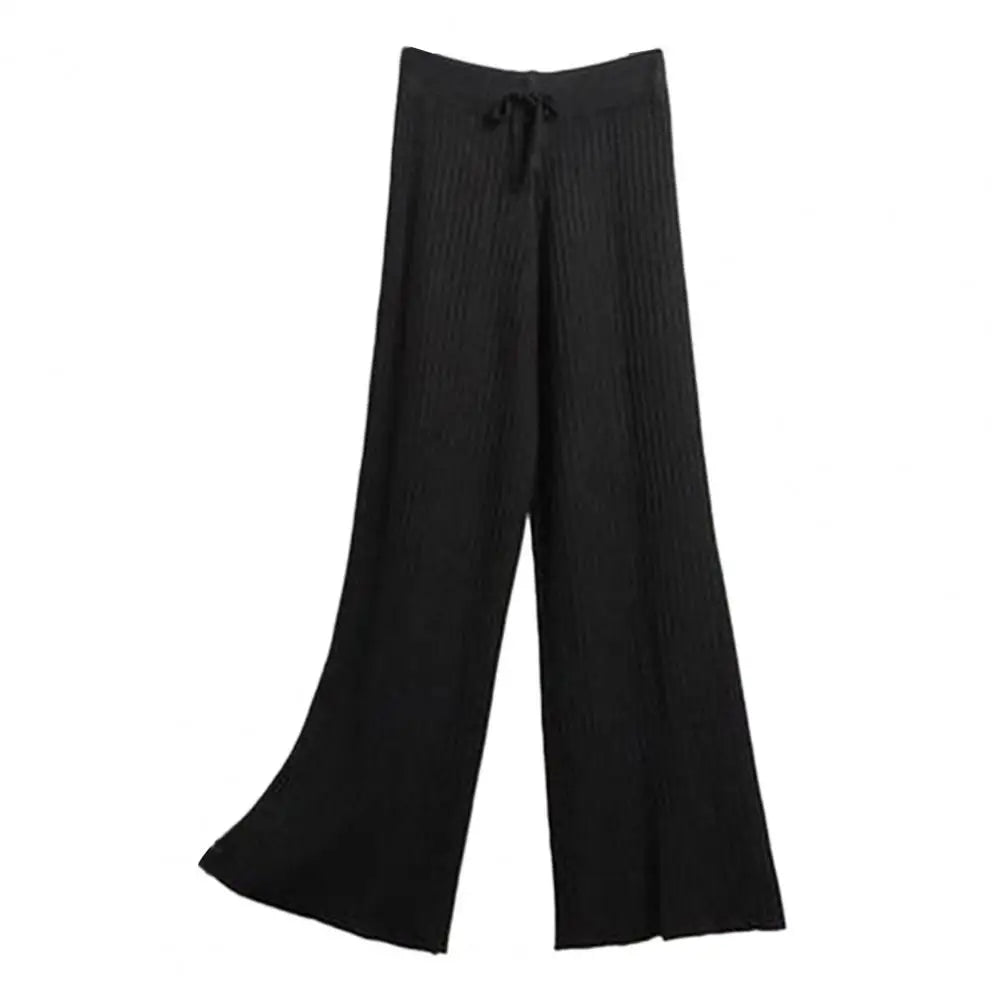 Women Wide-leg Knit Trousers Stylish Women's High Waist Drape Pants with Drawstring Ribbed Straight Wide Leg Design Solid Color