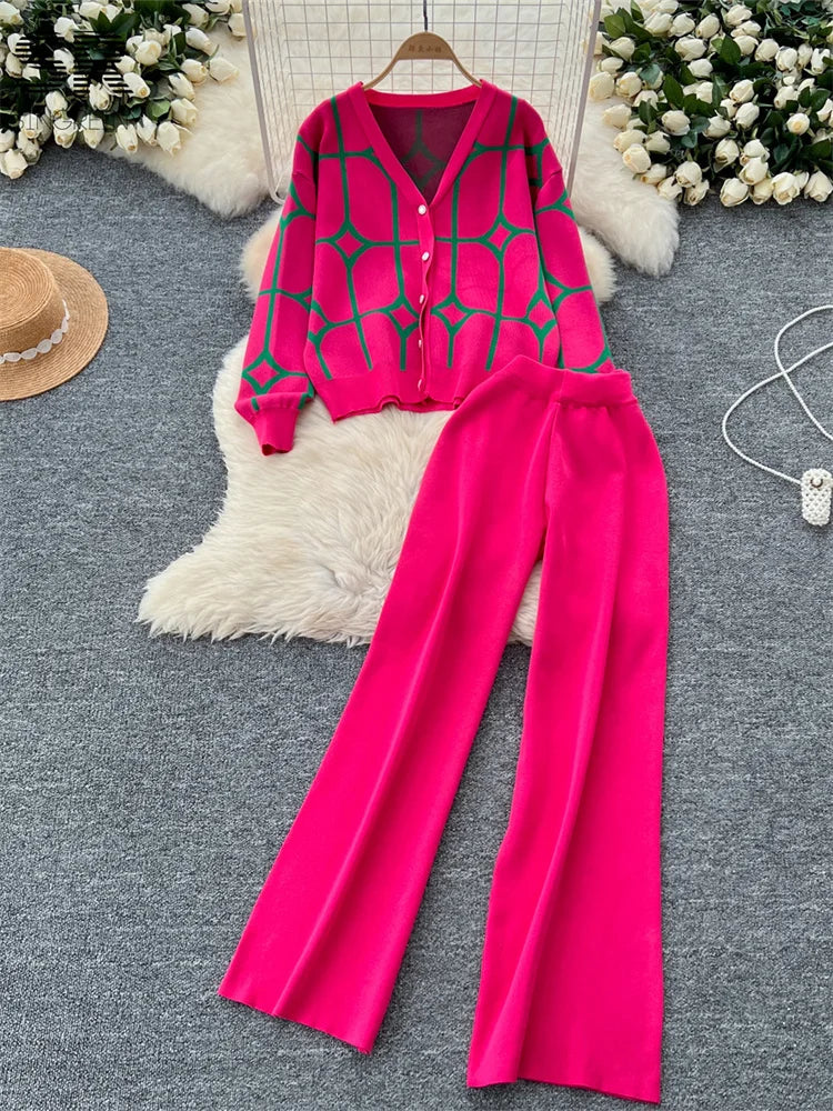 Printed Knit Two Pieces Sets Autumn Winter Single Breasted Cardigan+Wide Leg Long Pants Fashion Streetwear Suits