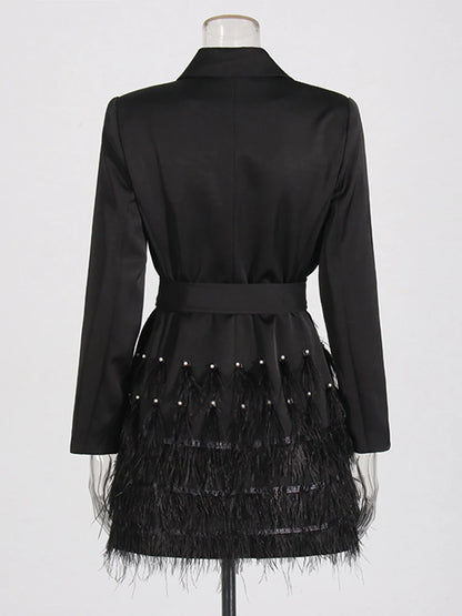 Solid Patchwork Feathers High Street Dresses For Women Lapel Long Sleeve Spliced Sashes Mini Dress