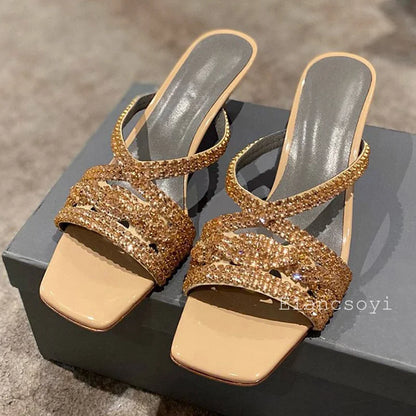 Bling Bling Rhinestone High Heels Slippers Women's Square Toe Thin Heels Lazy Sandals Summer Fashion Party Dress Shoes 2025