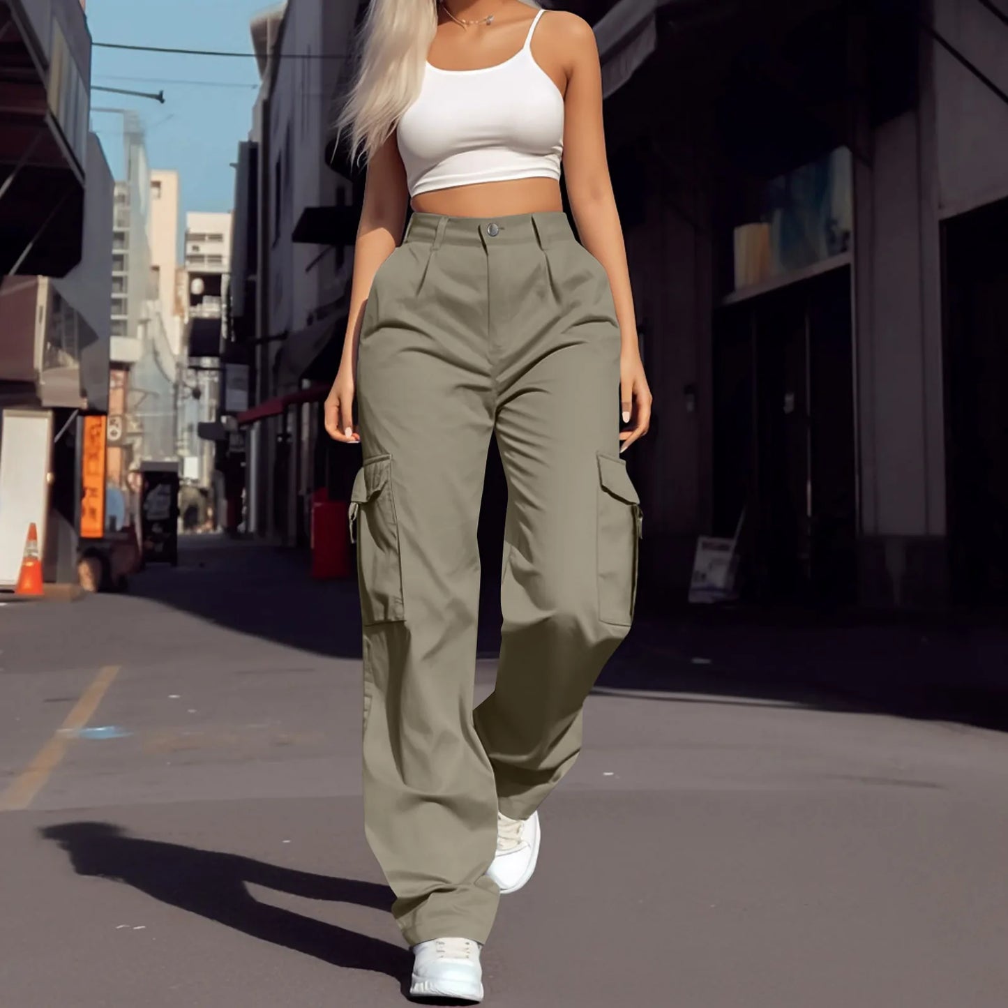 New Streetwear Women Cargo Pants Daily Casual Solid Color Multi Pockets Elastic Waist Pants Female Cargo Trousers 2024