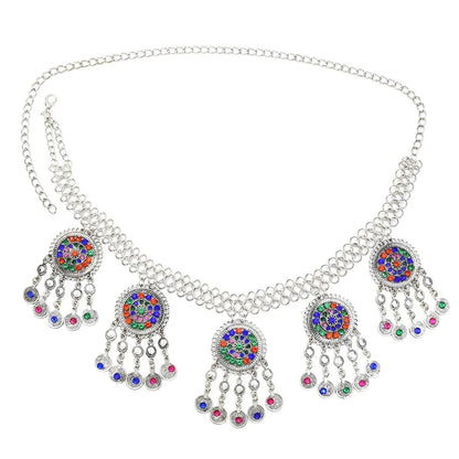 3pcs Indian Afghan Jewelry Sets Necklace Earrings Hairbands for Women Boho Ethnic Coins Tassels Colorful Crystal Drop Accessory