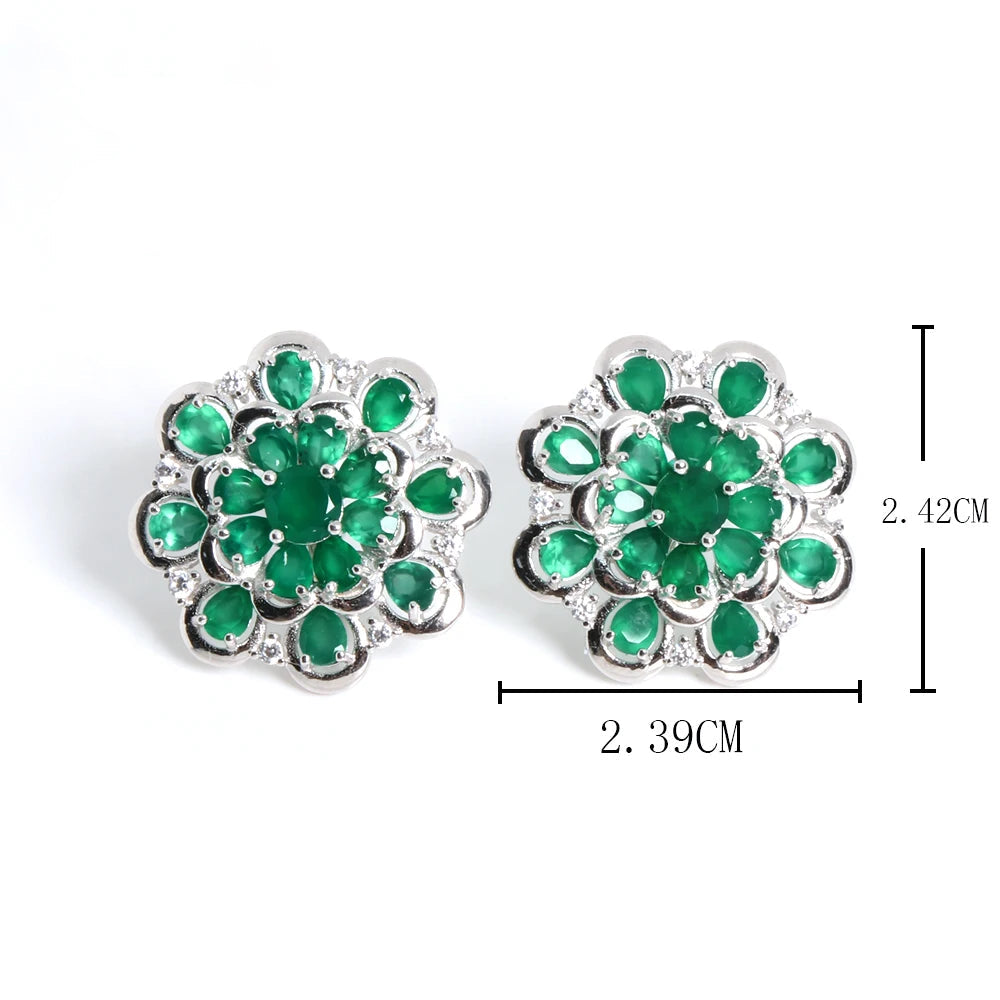 925 Sterling silver flower design natural green agate earrings Light luxury design for womens