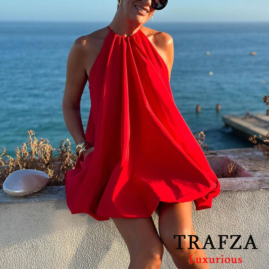 TRAFZA Sexy Chic Red Halter Mini Dress Women Fashion 2024 Summer Beach Bubble Dress Elegant Women Party Dress