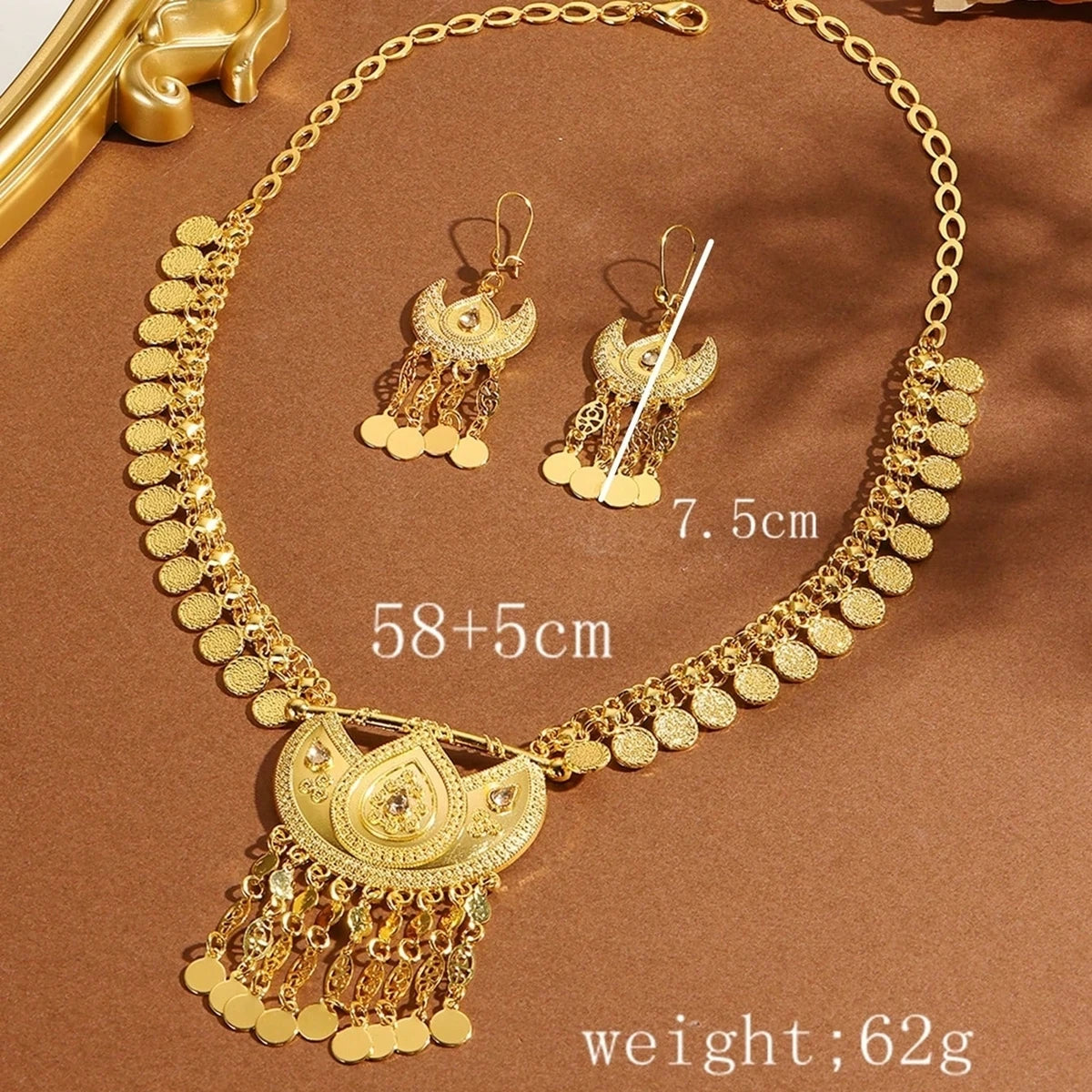 Women Arab Ethnic Golden Coins Crystal Moon Shape Necklace Earrings  Wedding Jewelry Set