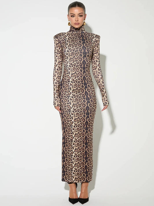 Leopard Animal Print Long Sleeve Sexy Turtle Neck Bodycon Long Maxi Dress For Women