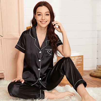 Women Silk Satin Pajamas set Long sleeve Shirt with Trouser Sleepwear Loungewear Female Pajamas Suits