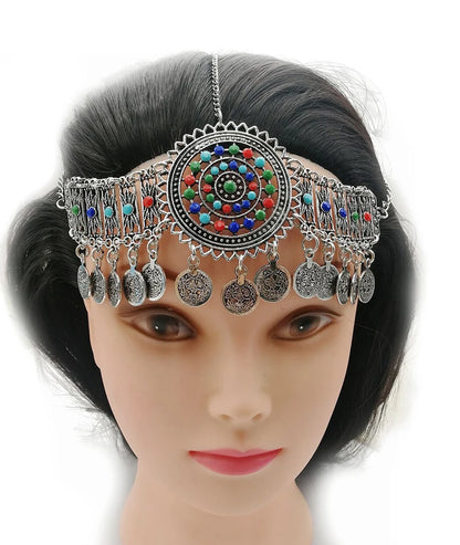 Traditional Gypsy Afghan Boho Ethnic Coins Jewelry Sets Colorful Acrylic Rhinestone Earrings Bracelet Hair Accessories for Women