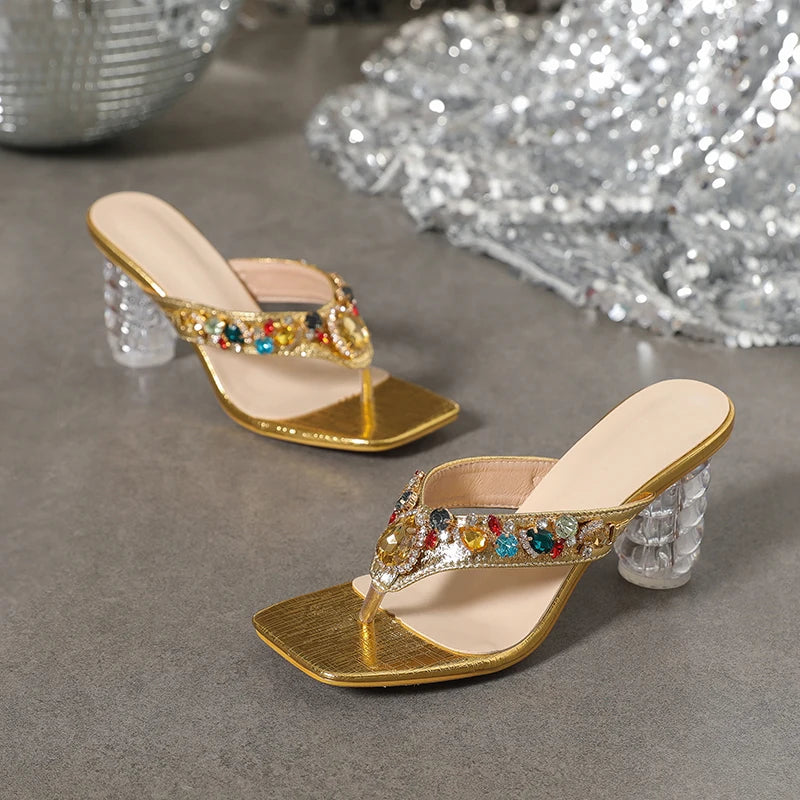 Gold Thong Clip Toe Slippers Slippers Slides Crystal Rhinestone Sandals Women Transparent Clear Square Heel