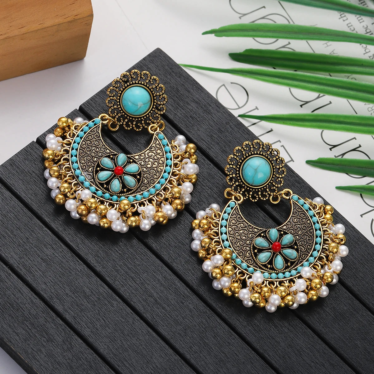 Boho Turquoises Flower Round Earring for Women Girl Retro Gold Color Beads Pearl Tassel Earrings Pendientes Female Boho Jewelry